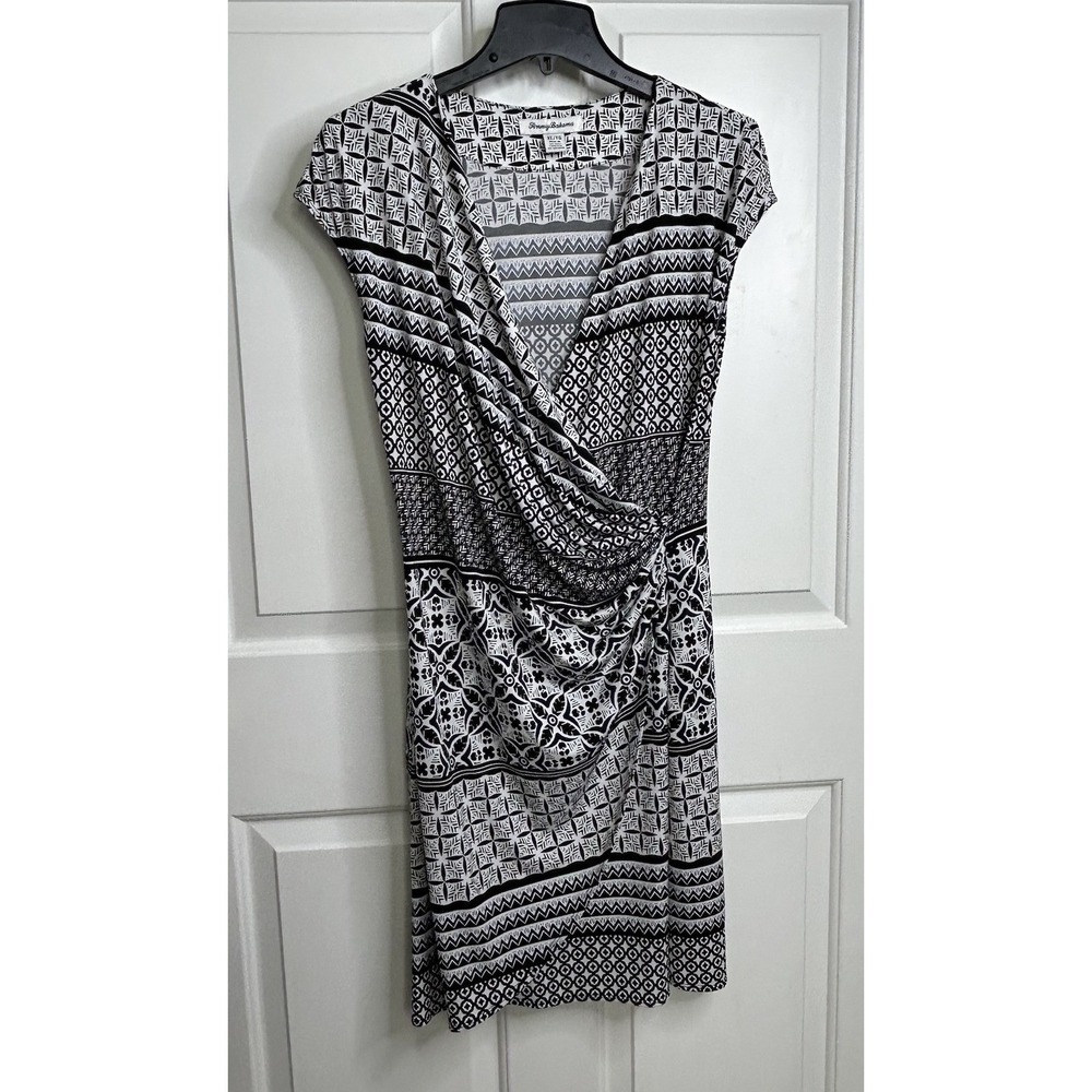Tommy Bahama Tropical Terrazza Faux-Wrap Jersey Dress Womens XL Black White Blue